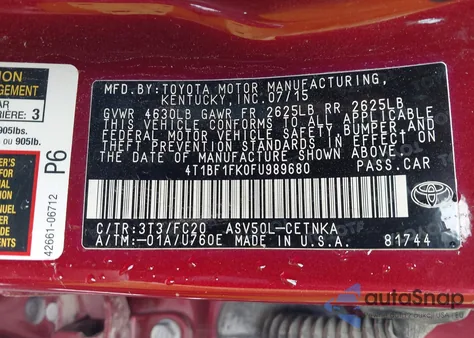 2015 Toyota Camry Le из США, поврежденный, VIN 4T1BF1FK0FU989680